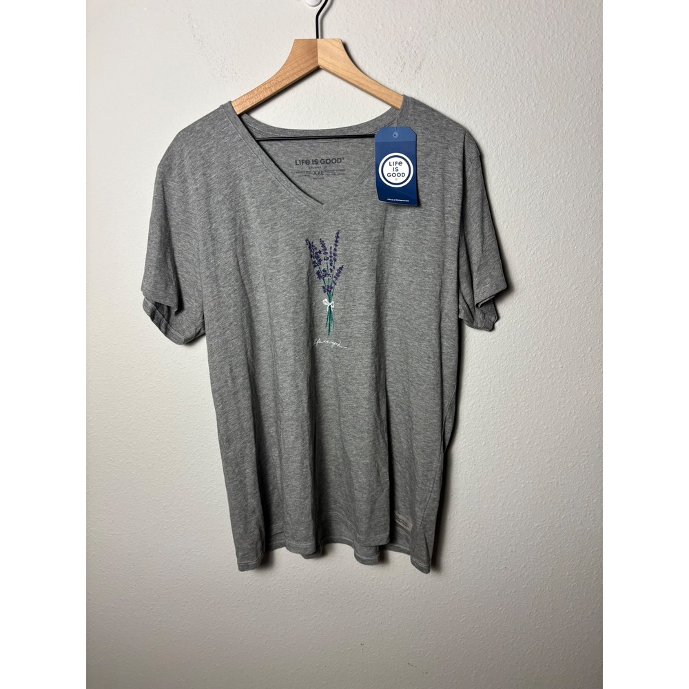 Life is Good Womens XXL Crusher Tee V-Neck Gray Lavender Bouquet Graphic T-Shirt